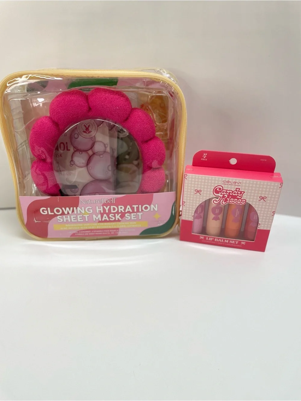 Glowing Hydration Sheet Mask Set - Retinol and Vitamin C. Celavi Lip Gloss Set